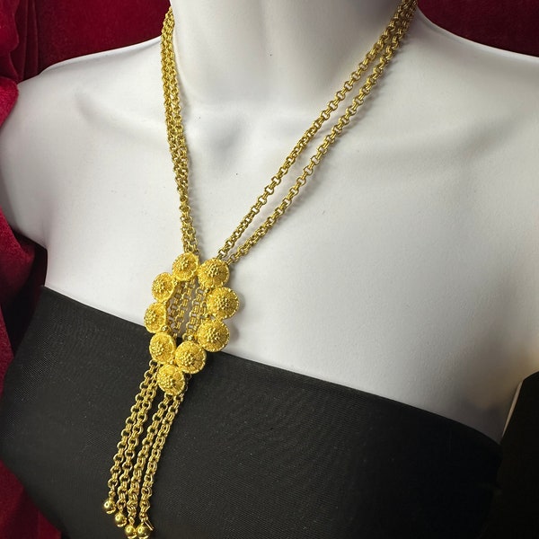 Signed Crown Trifari double chain gold coloured necklace with tassel.