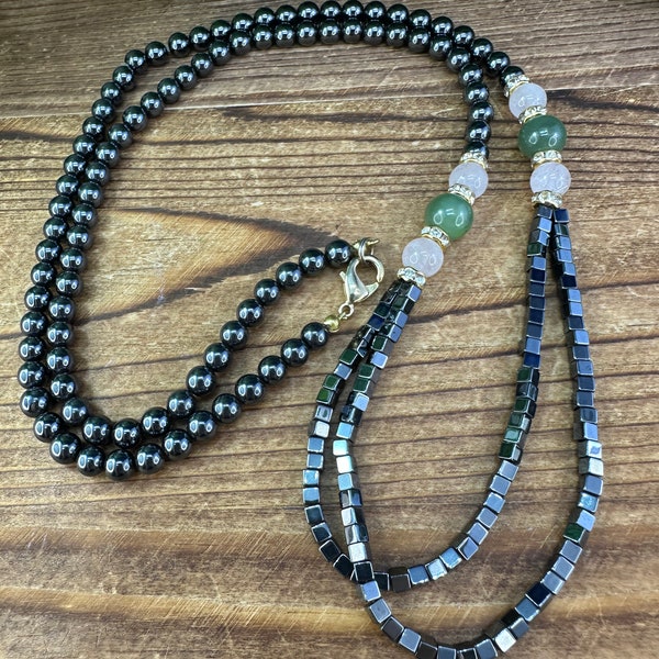 Hematite, jade and rose quartz necklace