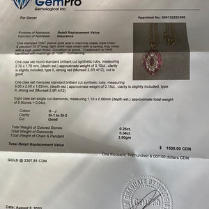 Op de afbeelding: Een GemPro Gemological Inc. taxatierapport gedateerd 9 augustus 2022 voor een 10 karaats geelgouden touwketting en hanger. Het document bevat een foto van het sieraad, dat een centrale cluster van rode synthetische robijnen en diamanten toont.