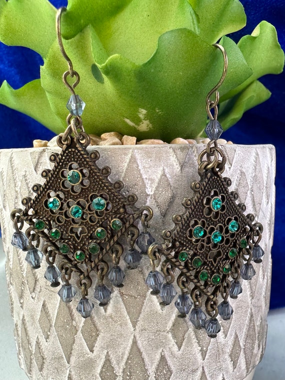 Bohemian style dangle earrings with blue green and brass colours Etsy