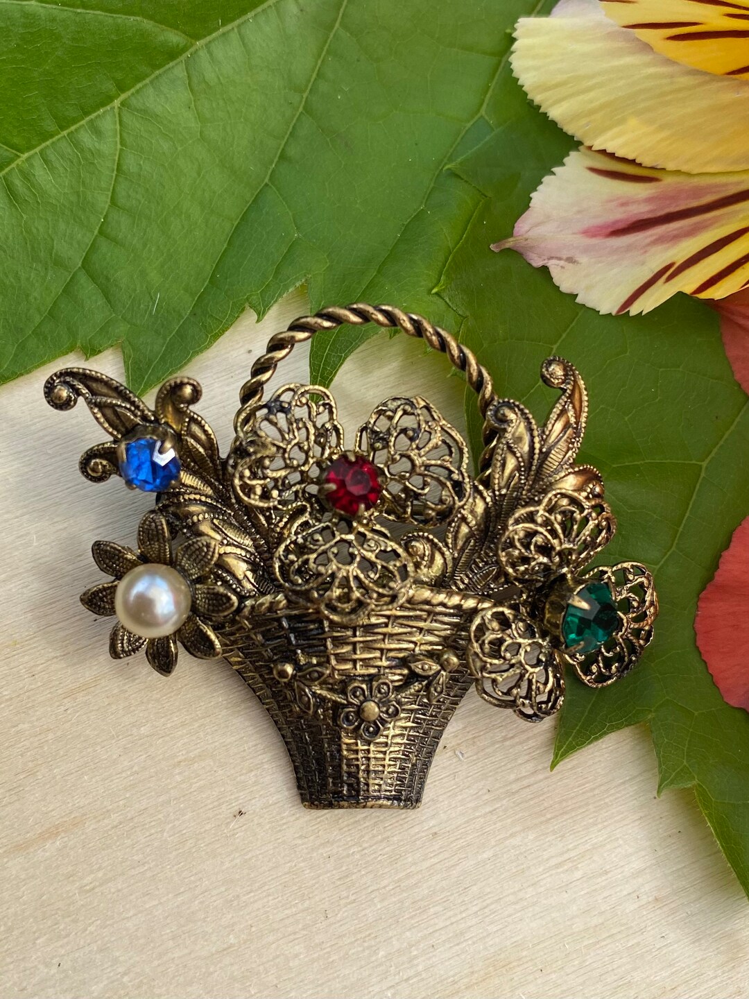 Vintage Flower Basket Brooch With Coloured Rhinestones. Etsy
