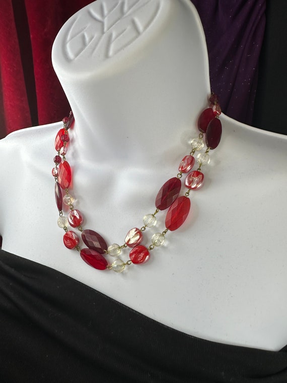 Vintage Red and clear bead 2 strand necklace stamp