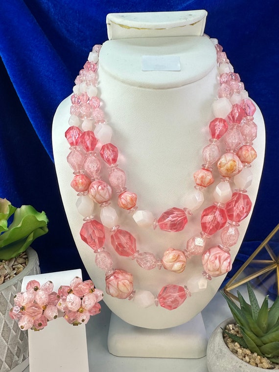 Vintage Bubblegum pink necklace and earring set, … - image 1