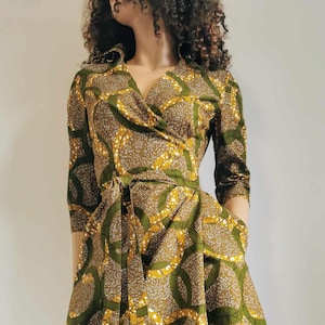 KNOX  African Printed Mid-Calf Half-Sleeve Collared Tie Wrap Dress