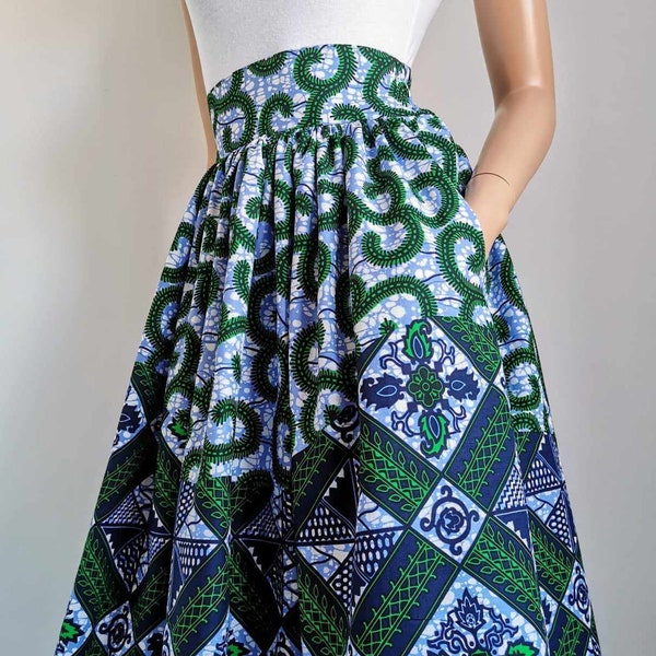 LORI  African Printed Mid-Calf Skirt 100% Wax Cotton Handmade UK