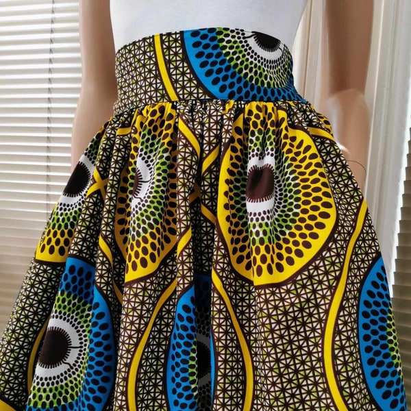AFRIDA African Printed Mid-Calf Skirt 100% Wax Cotton Handmade UK