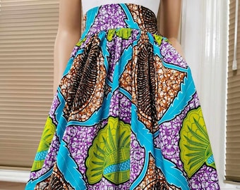 NICOLA African Printed Mid-Calf Skirt 100% Wax Cotton Handmade UK