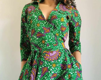 ROSELIA  African Printed Mid-Calf Half-Sleeve Collared Tie Wrap Dress