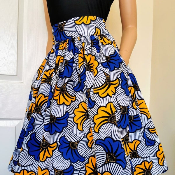 BLUE TINA Mid-Calf African Printed Skirt 100% Wax Cotton Handmade UK