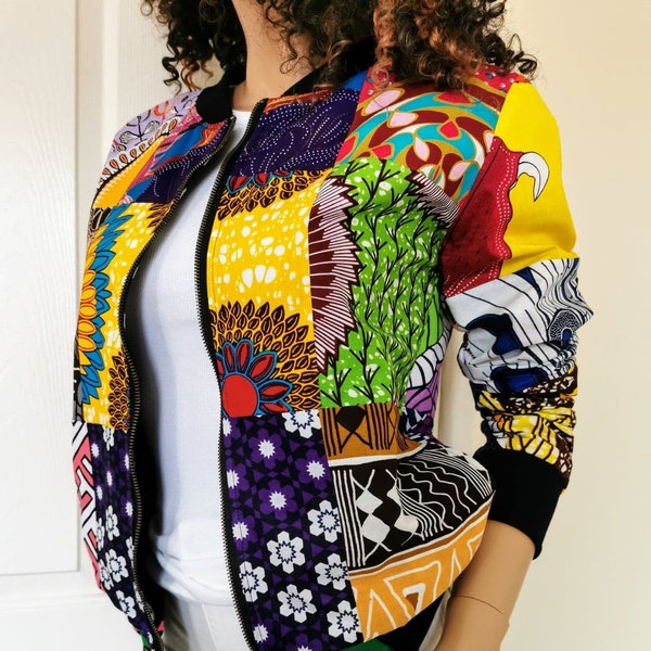 SPRING PATCHWORK African Print Woman Classic Bomber Jacket Handmade UK