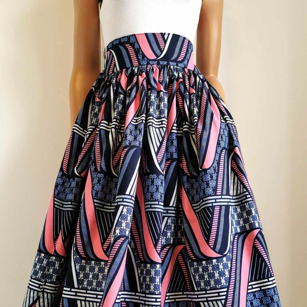 Falda a media pierna con estampado africano SAWYER, 100 % algodón encerado, hecha a mano en el Reino Unido