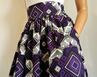 VIOLET African Printed Mid-Calf Skirt 100% Wax Cotton Handmade UK