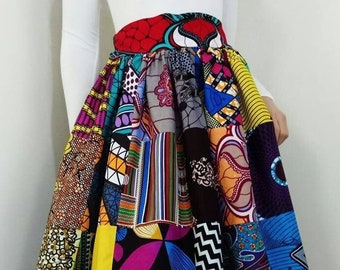 PATCHWORK Mid-Calf African print Skirt 100% Wax Cotton Handmade UK