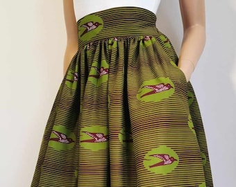 LAVA  African Printed Mid-Calf Skirt 100% Wax Cotton Handmade UK