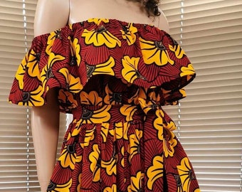 BELLO African Printed Off-the-Shoulder Zip-Slit Mid-Calf Dress