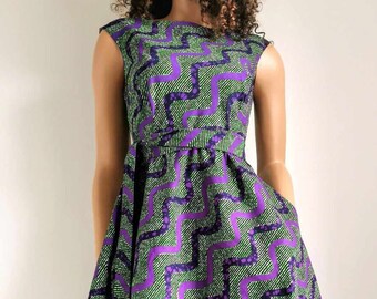 HAILEY African Printed Fabric Sleeveless Midi Dress 100% Wax Cotton Handmade UK