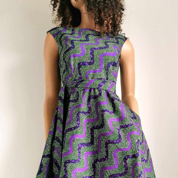 HAILEY African Printed Fabric Sleeveless Midi Dress 100% Wax Cotton Handmade UK