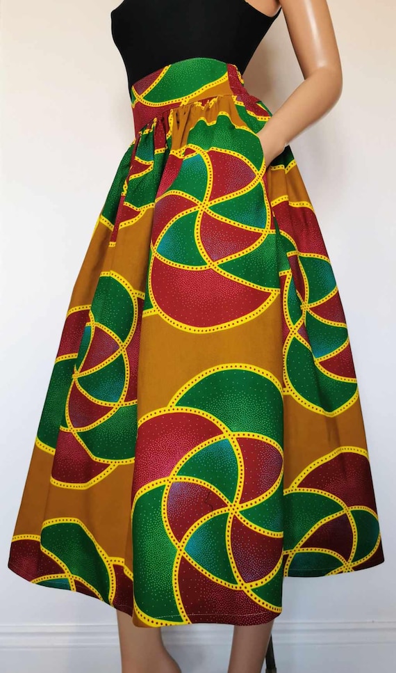 INDIRA  African Printed Mid-Calf Skirt 100% Wax Cotton Handmade UK