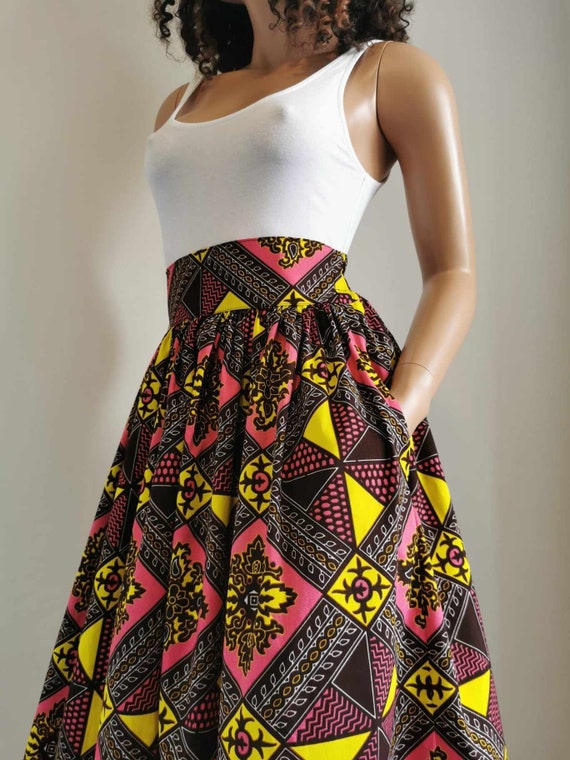 JOURNEE African Printed Mid-Calf Skirt 100% Wax Cotton Handmade UK