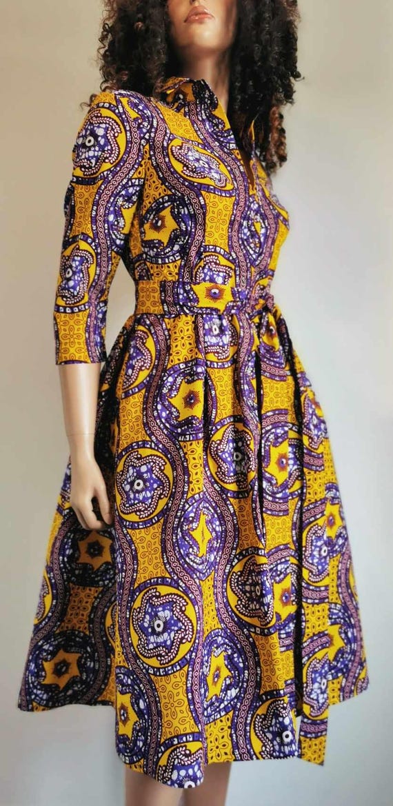 VIRGINIA Half-Sleeve Full Mid-Calf Dress 100% Wax Cotton Handmade UK