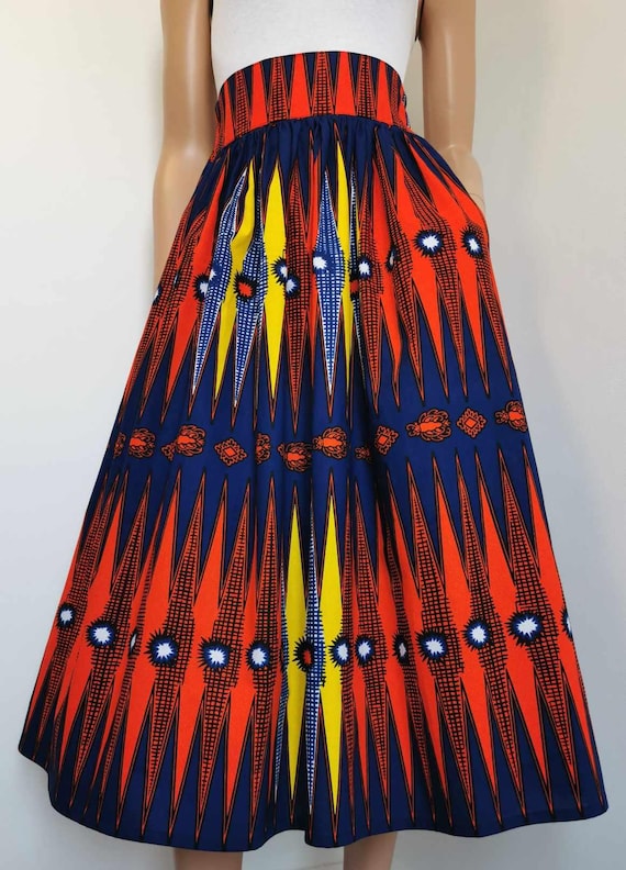 FATIMA African Printed Mid-Calf Skirt 100% Wax Cotton Handmade UK