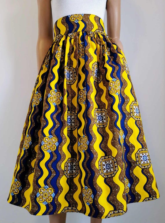DELILAH African Printed Mid-Calf Skirt 100% Wax Cotton Handmade UK