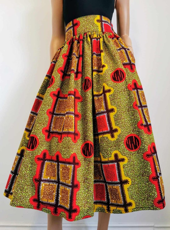 TIA African Printed Mid-Calf Skirt 100% Wax Cotton Handmade UK