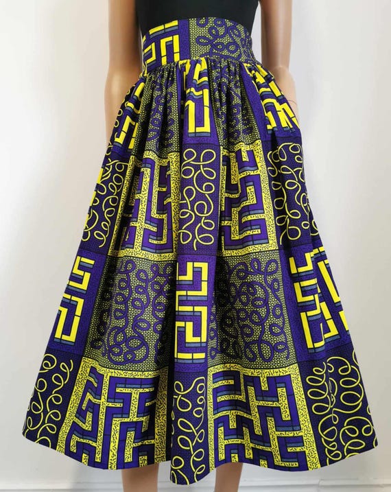 NIA African Printed Mid-Calf Skirt 100% Wax Cotton Handmade UK