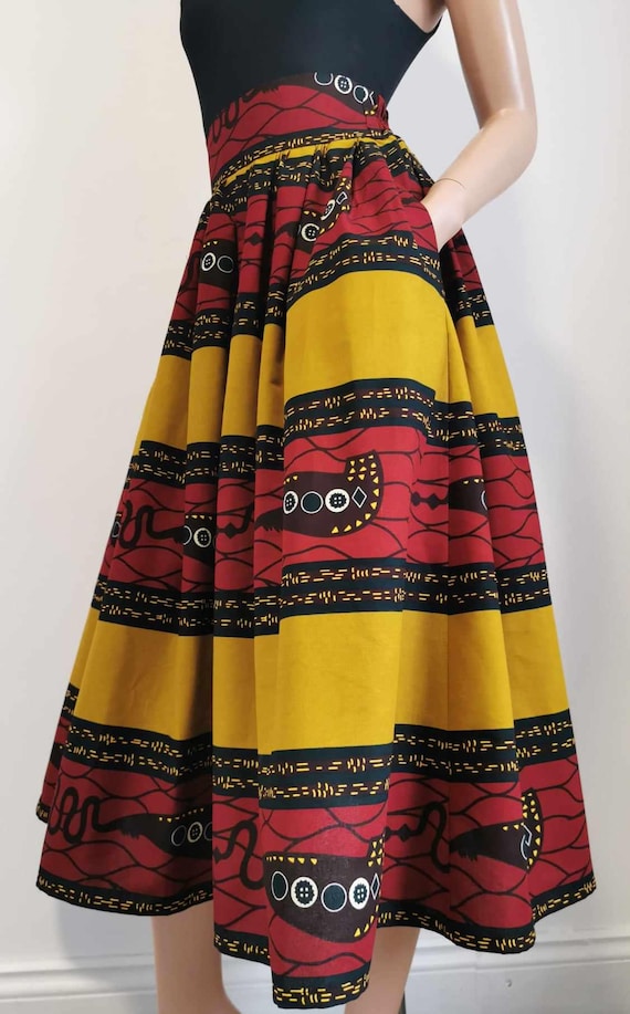 RENE African Printed Mid-Calf Skirt 100% Wax Cotton Handmade UK