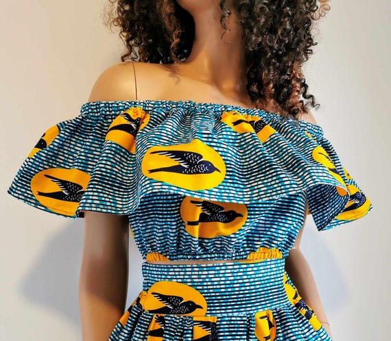 AZENITH African Print Off-Shoulder Top 100% Wax cotton Handmade UK