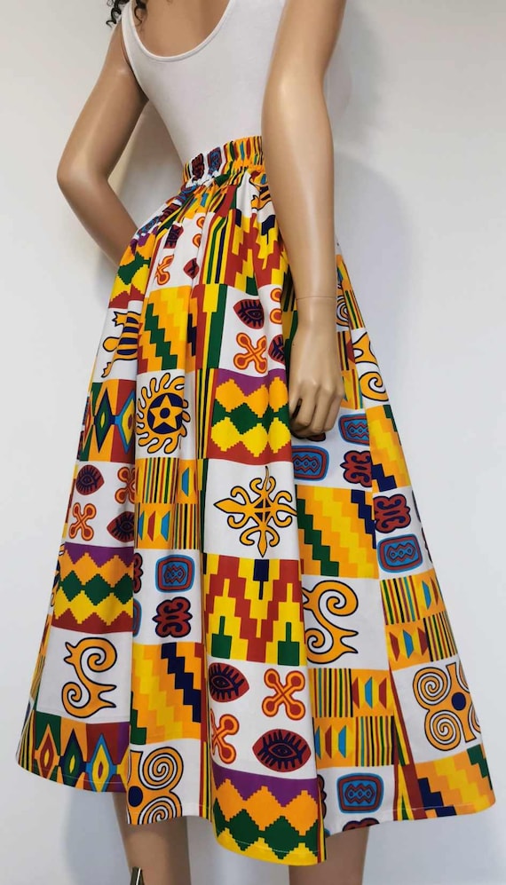 DONNA  African Printed Mid-Calf Skirt 100% Wax Cotton Handmade UK