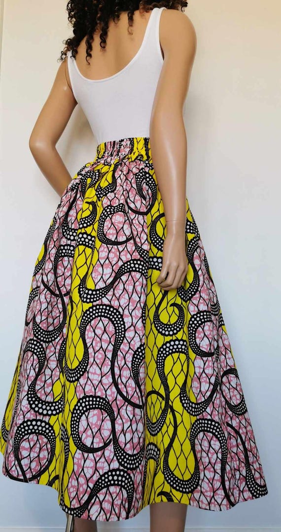 JENNIFER African Printed Mid-Calf Skirt 100% Wax Cotton Handmade UK