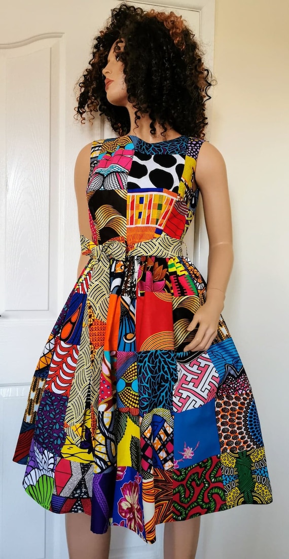 PATCHWORK African Printed Fabric Sleeveless Midi Dress 100 Wax