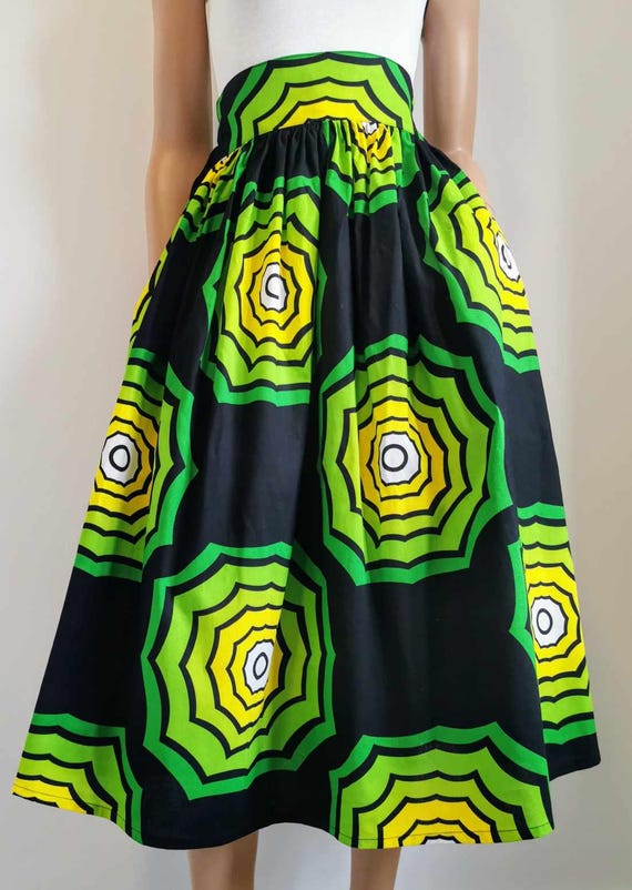 STELLA African Printed Mid-Calf Skirt 100% Wax Cotton Handmade UK