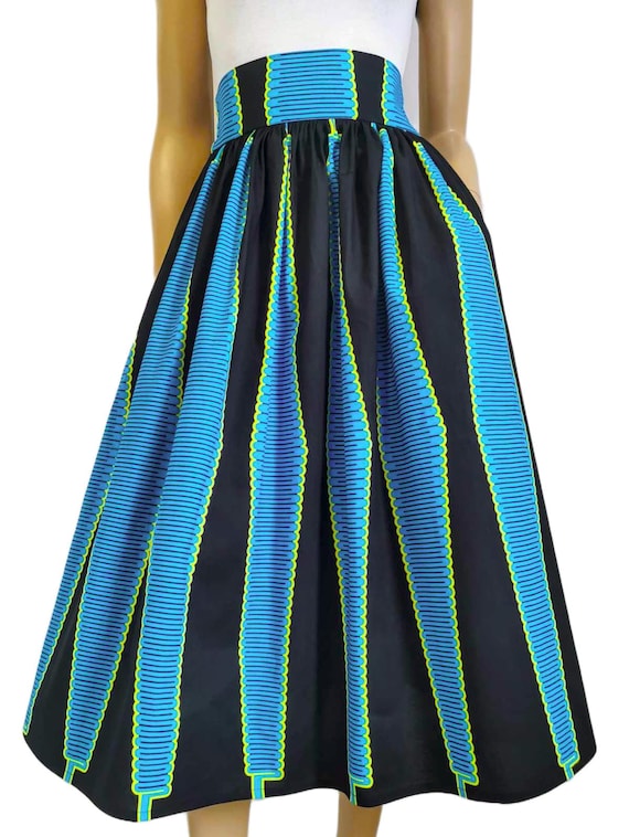 THULIA African Printed Mid-Calf Skirt 100% Wax Cotton Handmade UK