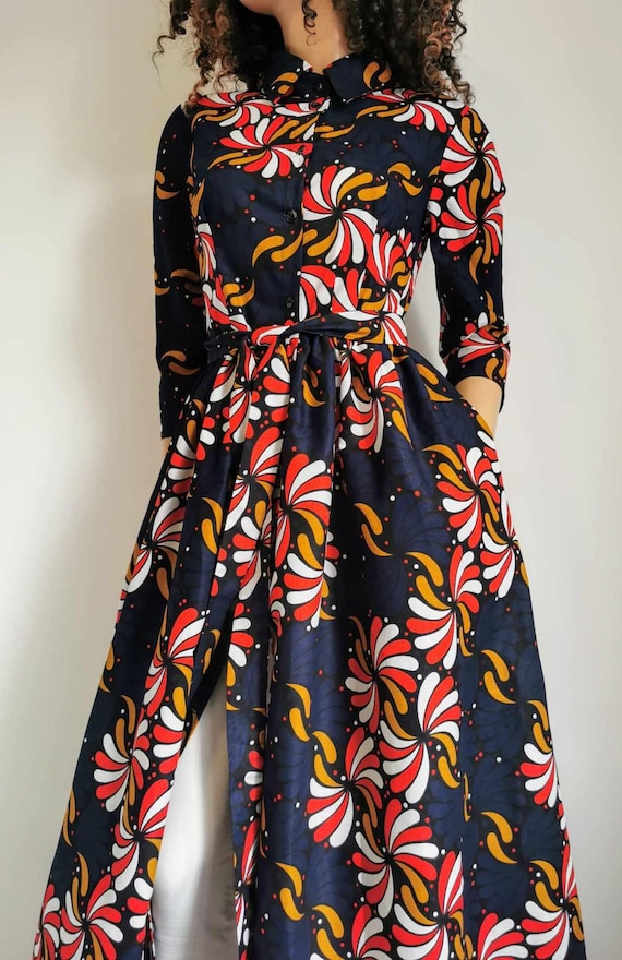 CADENCE Half Sleeve Full Length/Maxi Shirt-Dress 100% Wax Cotton Handmade UK