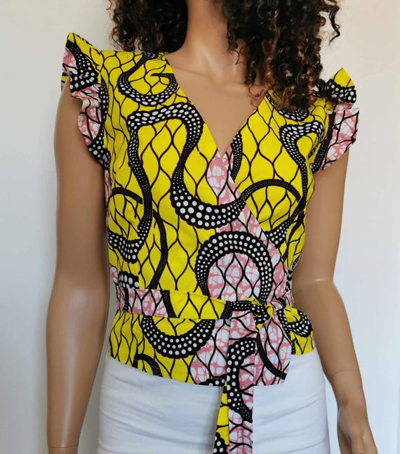 JENNIFER  African Print Wrap TOP 100% Wax Cotton Handmade UK