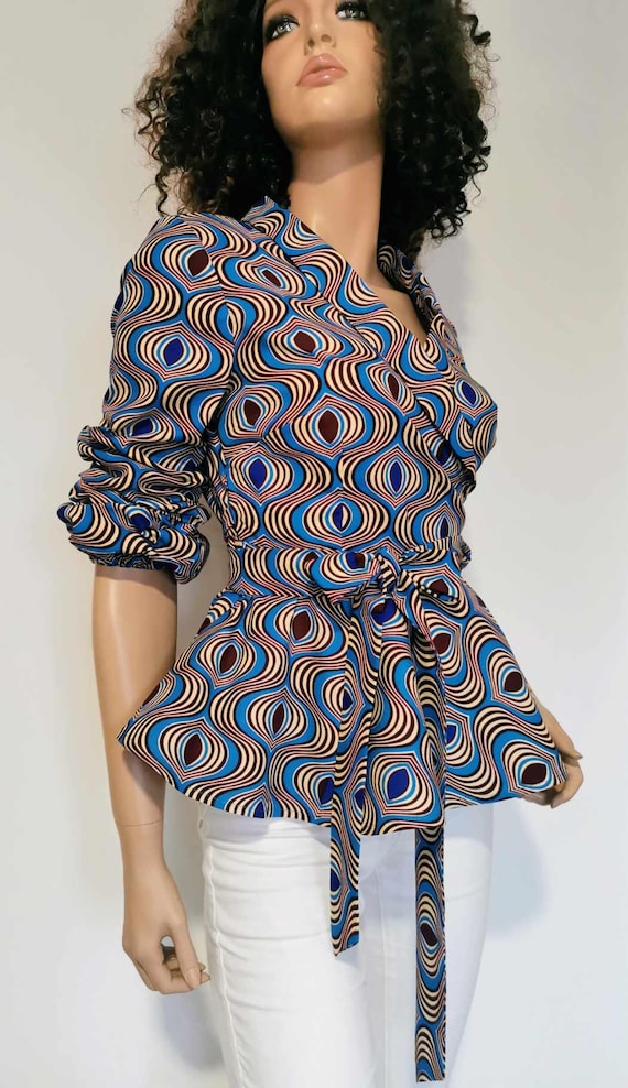 LINDA African Print Wrap TOP 100% Wax Cotton Handmade UK