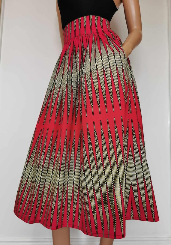 PINK SAVANNAH African Printed Mid-Calf Skirt 100% Wax Cotton Handmade UK
