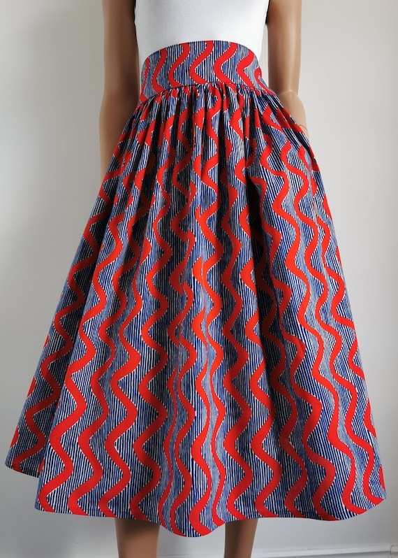 ODILE African Printed Mid-Calf Skirt 100% Wax Cotton Handmade UK