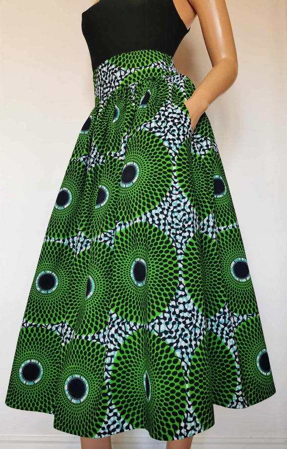GLORIA  African Printed Mid-Calf Skirt 100% Wax Cotton Handmade UK