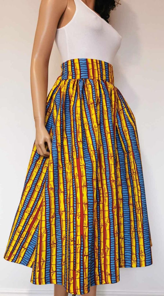 NELA  African Printed Mid-Calf Skirt 100% Wax Cotton Handmade UK
