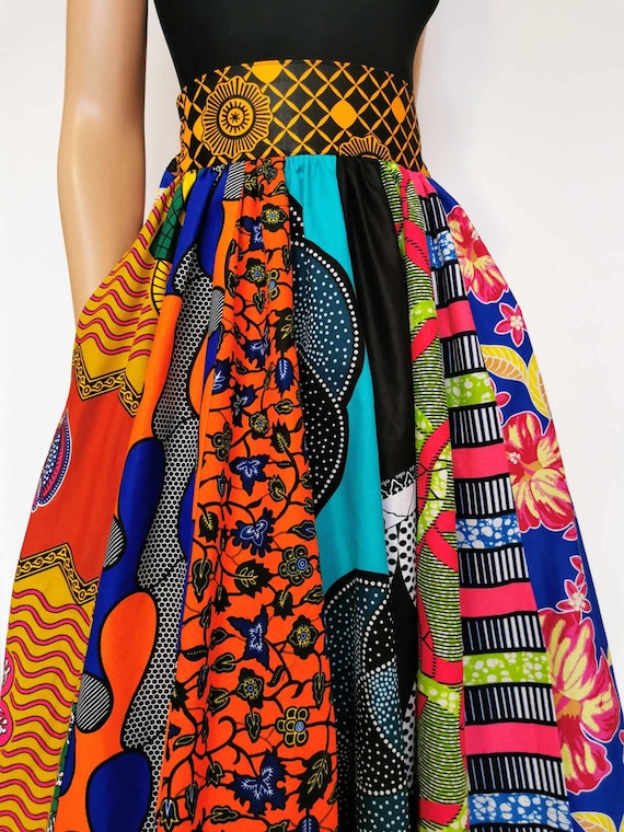 LENA Patchwork African Printed Fabric Maxi/Full length Skirt 100% Wax Cotton Handmade