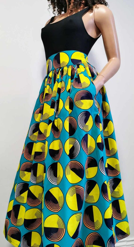 ZOE African Printed Mid-Calf Skirt 100% Wax Cotton Handmade UK