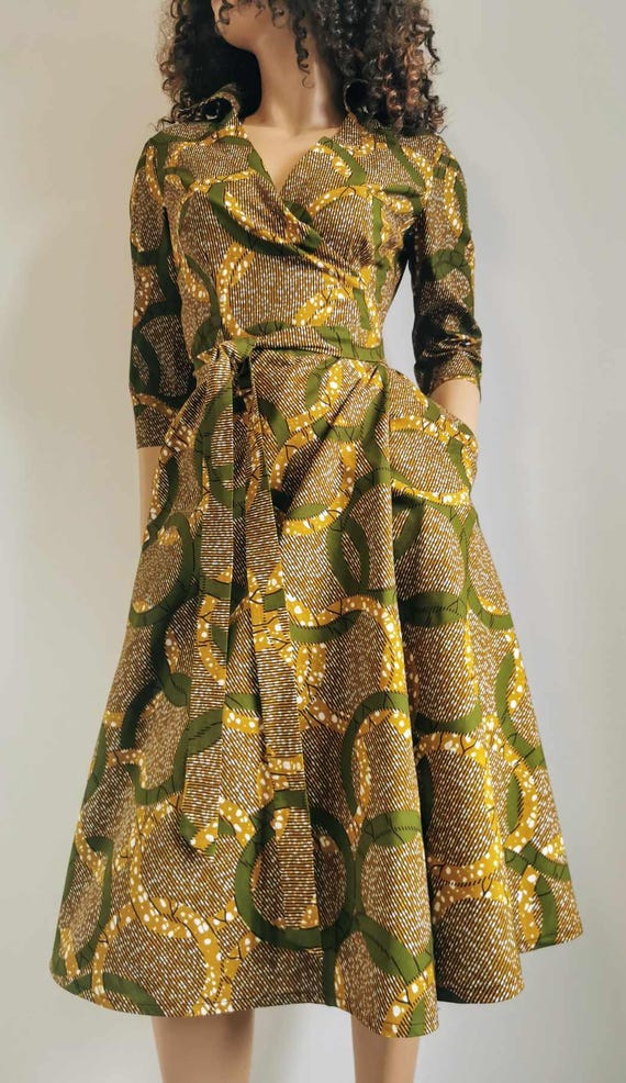 KNOX African Printed Mid-Calf Half-Sleeve Collared Tie Wrap Dress