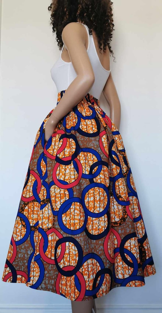 BETTY African Printed Mid-Calf Skirt 100% Wax Cotton Handmade UK