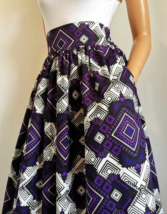 VIOLET African Printed Mid-Calf Skirt 100% Wax Cotton Handmade UK