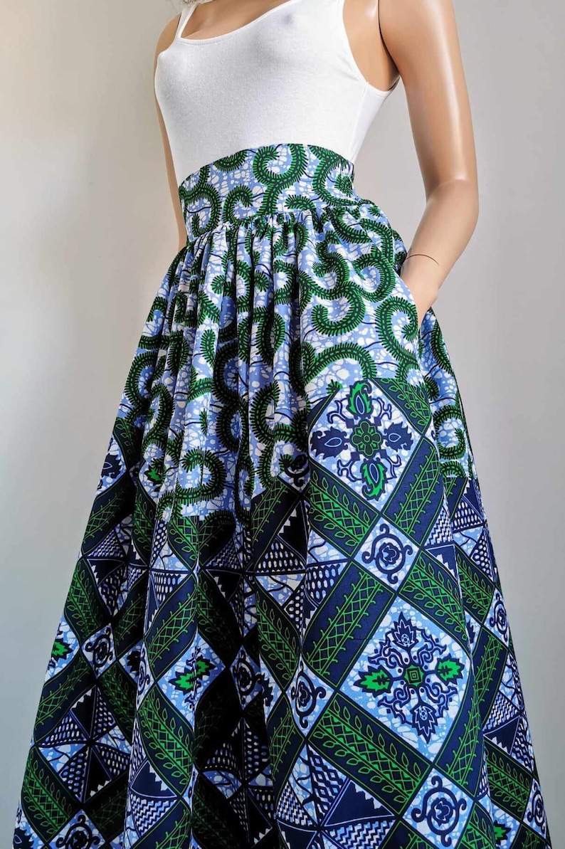 LORI African Printed Mid-Calf Skirt 100% Wax Cotton Handmade UK zdjęcie 1
