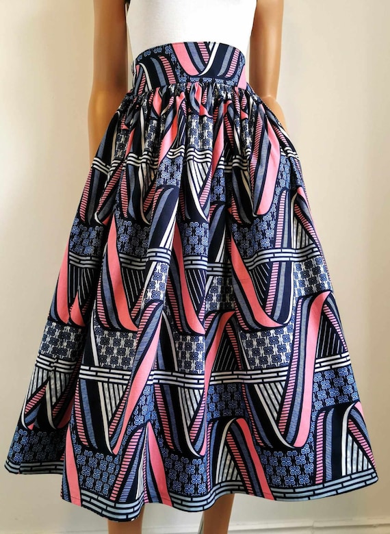 SAWYER African Printed Mid-Calf Skirt 100% Wax Cotton Handmade UK