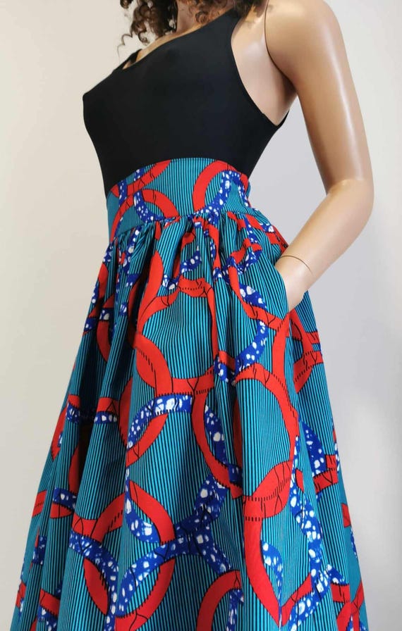 NUBIA African Printed Mid-Calf Skirt 100% Wax Cotton Handmade UK